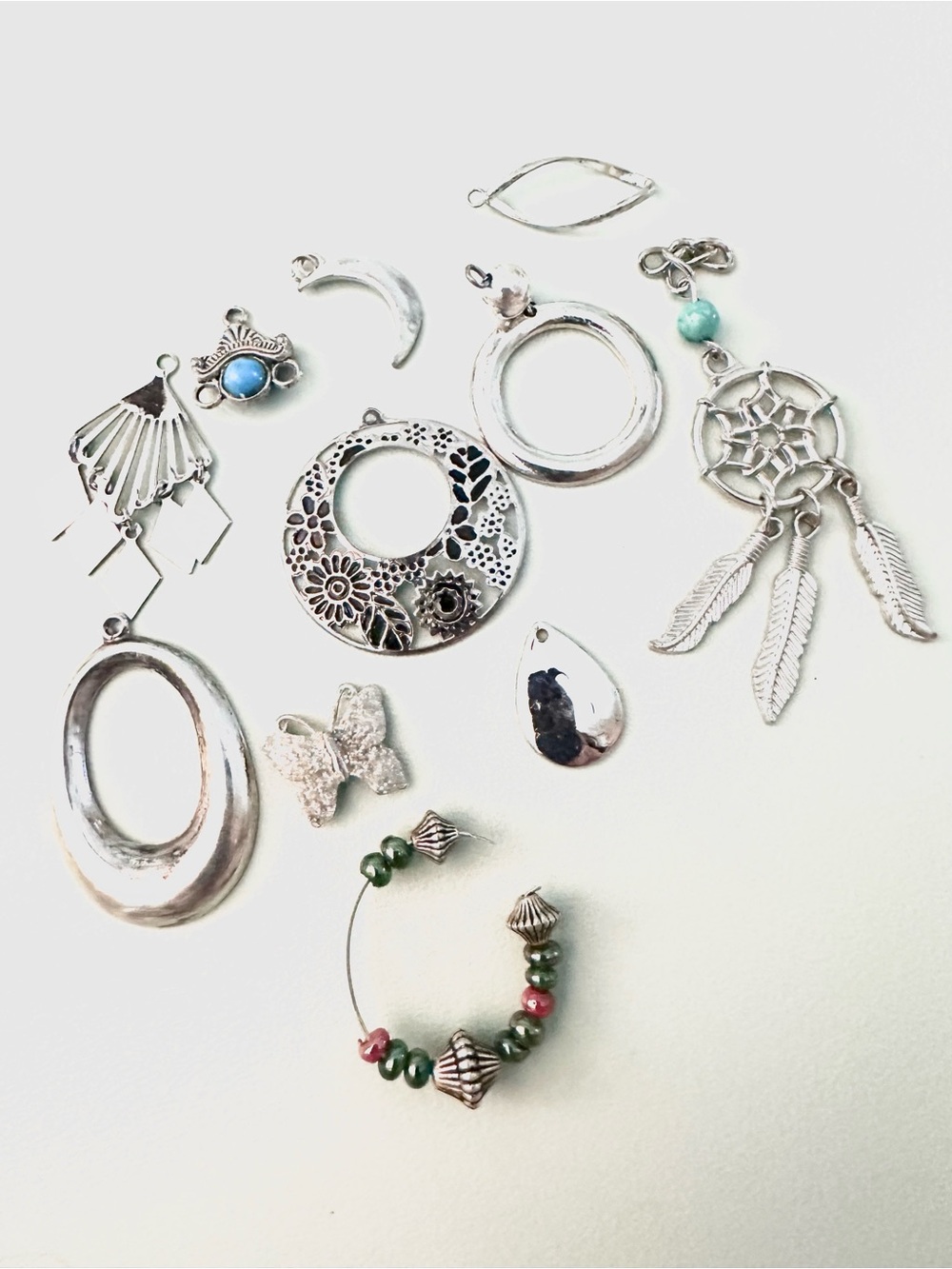 Silver-Tone Mixed Jewelry Charms and Beads with Green and Turquoise Accents